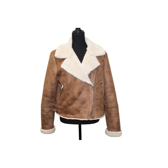 Forever 21 Faux Suede Shearling Aviator Jacket Women Size L EUC Brown Moto Biker - Picture 2 of 6